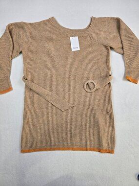 NWT Fate Belted Knit Sweater Tunic Medium Wool Blend Ribbed Tan & Orange